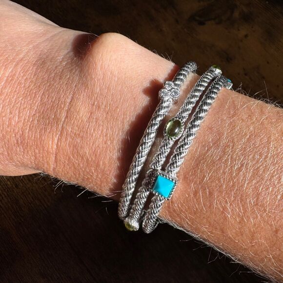 Judith Ripka Sterling Silver Roped Bangle Bracelets Gemstones Turquoise Peridot - Picture 8 of 8